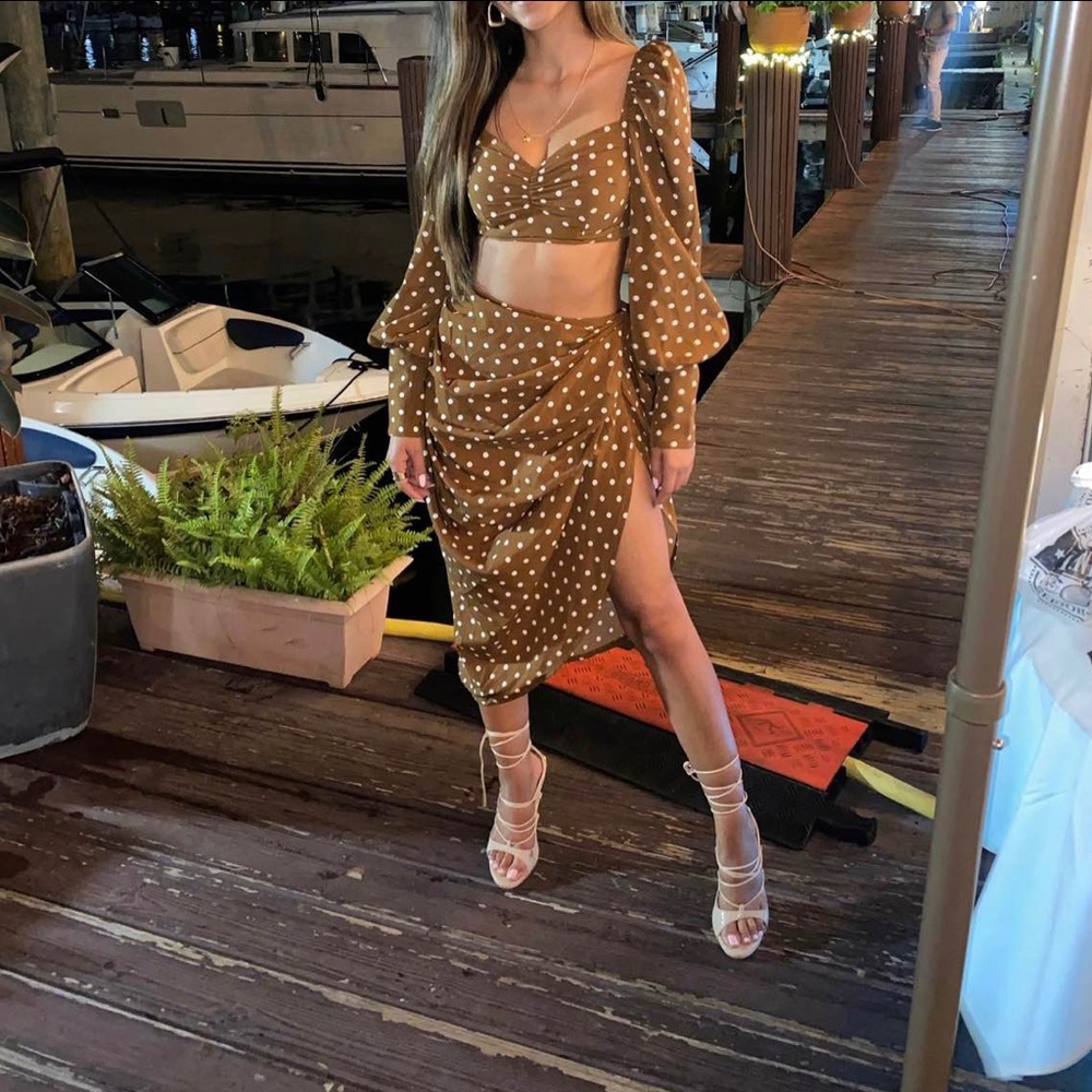 PrettyLittleThing Brown Polka Dot Skirt Set